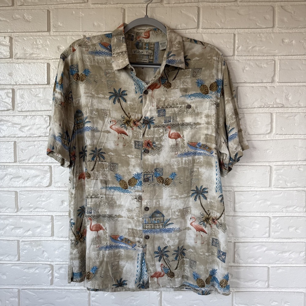 Batik Bay Mens Size XL Hawaiian Shirt Rayon Short Sleeve Flamingo Palm Trees
